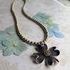 Vintage Matte Black Dogwood Floral Pendant on Soft Gold Pyrite Beaded Necklace (One-of-a-Kind)
