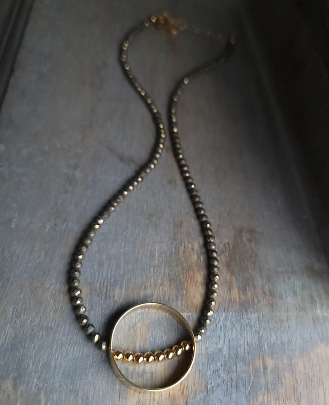 Minimalist Gold Vermeil Large Circle Pendant and Faceted Golden Pyrite Beaded Necklace