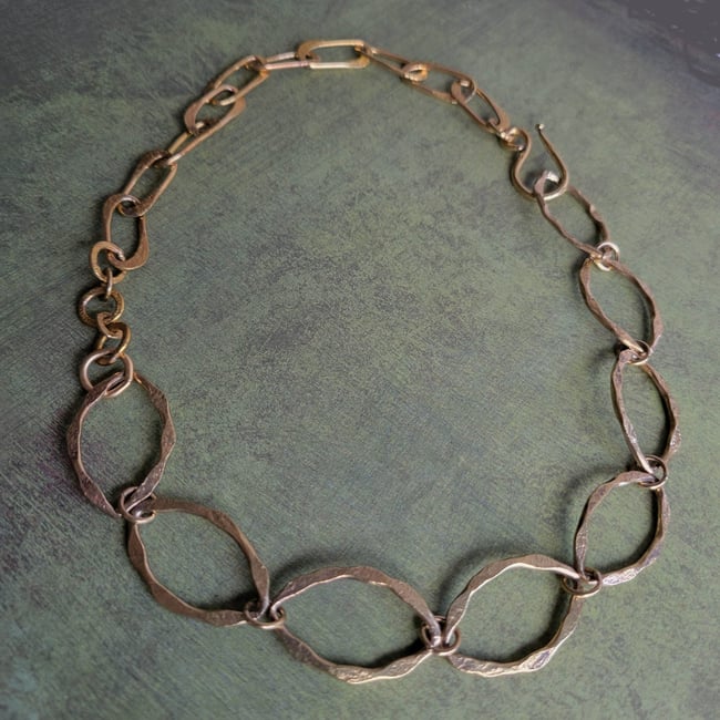 Artisan Made Textured Large Brass Navette Link Necklace