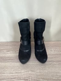 Image 3 of House Of Harlow black suede gold buckle wedge booties