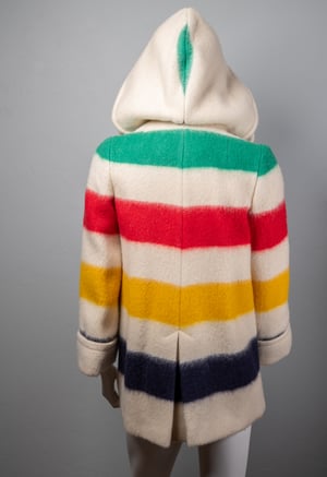 Image of Womens Vintage Hudson's Bay Wool Point Blanket Jacket with bold color stripes  size Medium 38 w hood