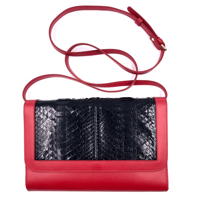 Black patent python & red leather City bag