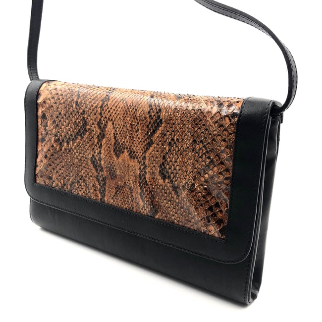 Cognac python leather & black leather City bag