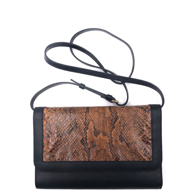 Cognac python leather & black leather City bag