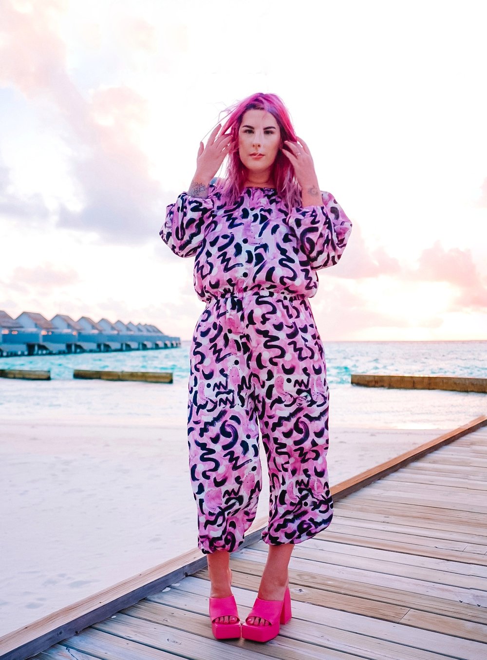 Image of  Pink Scribble Pop Art Jumpsuit in Vegan Faux-Silk. Limited Edition