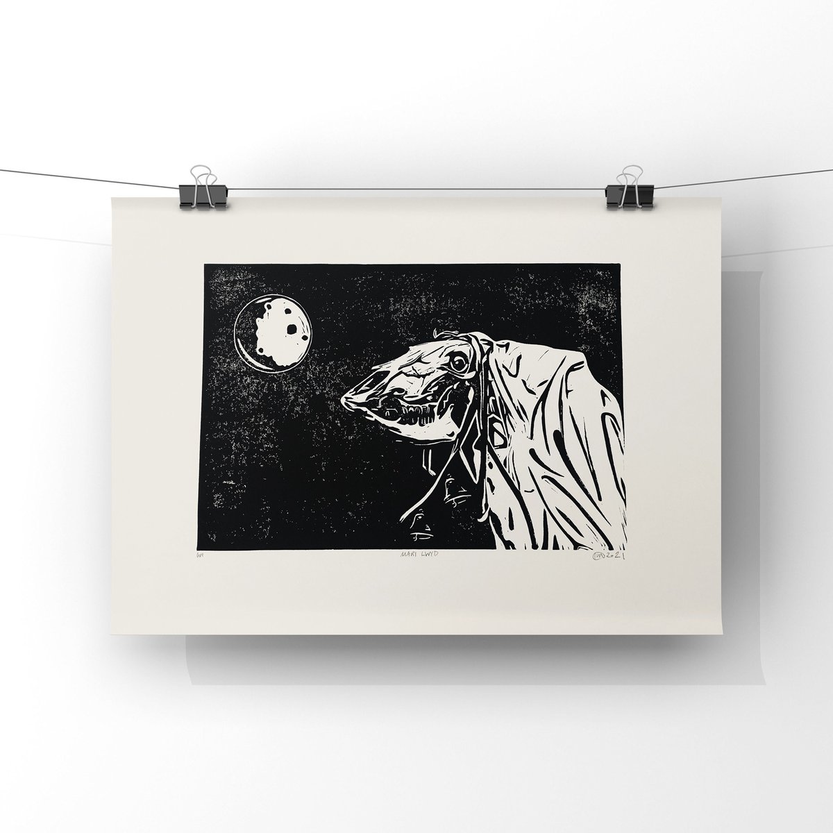 Mari Lwyd. Hand Made. Original A3. Linocut print. Limited and Signed