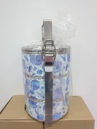 Image 2 of 3 tier tiffin carrier- Blue poppies design