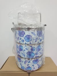 Image 1 of 3 tier tiffin carrier- Blue poppies design