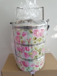 Image 1 of 3 tier tiffin carrier- Pink flowers design
