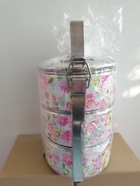 Image 2 of 3 tier tiffin carrier- Pink flowers design