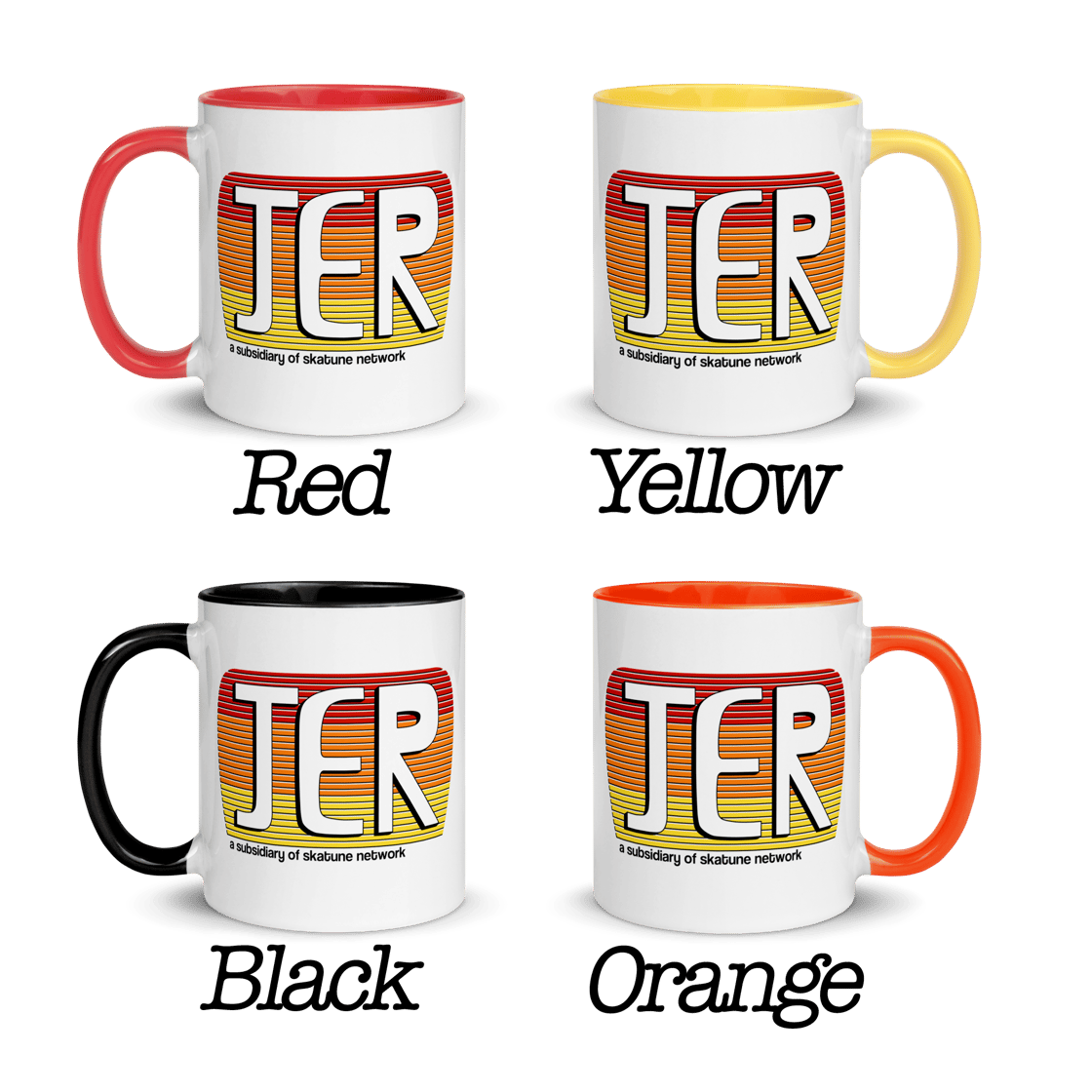 Image of JER | Skatune Network Subsidiary Mug | 11 oz | Black, Red, Orange, or Yellow Handle