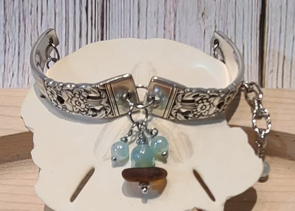 Image of  Vintage Spoon Bracelet- Genuine Sea Glass - Agate - Adjustable -Gift Boxed #EB-378