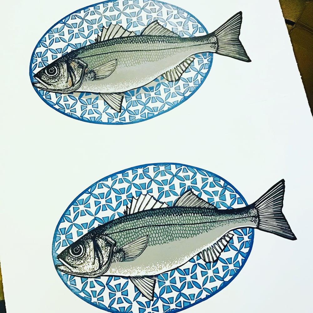 Sea bass linocut print