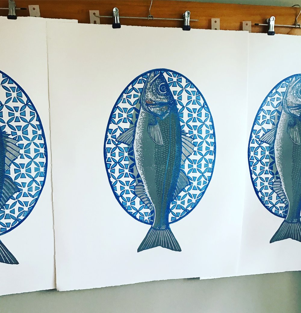 Sea bass linocut print