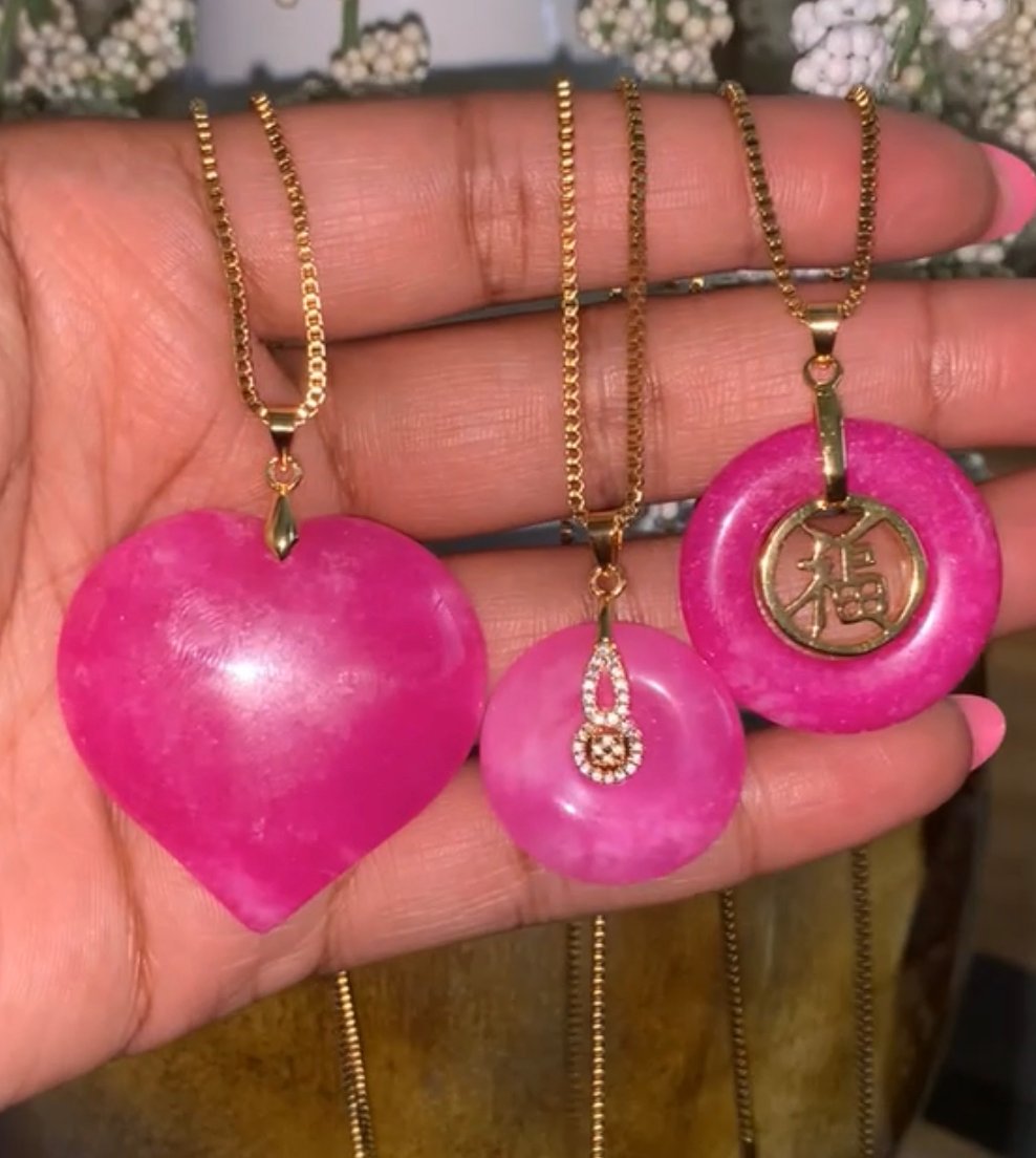 Oversized PINK HEART Jade Buddha Necklace