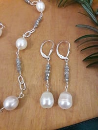 Image 4 of Oval White Pearls Earrings with Labradorites 4VW
