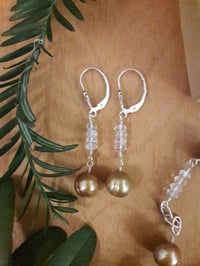 Image 2 of Taupe Pearl Earrings with Rainbow Moonstones 4VT