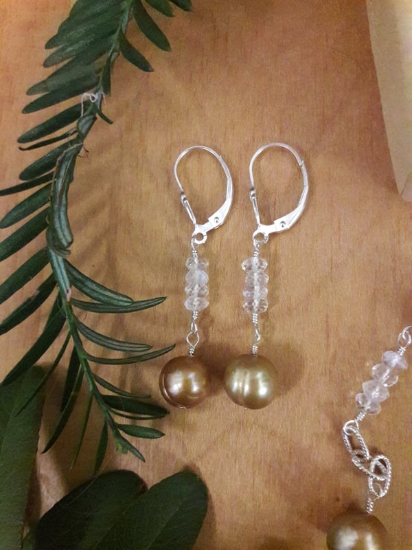 Image of Taupe Pearl Earrings with Rainbow Moonstones 4VT
