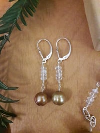 Image 3 of Taupe Pearl Earrings with Rainbow Moonstones 4VT