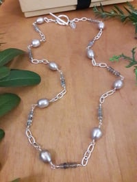 Image 1 of Oval Silver Pearl Necklace with Labradorites 4VM