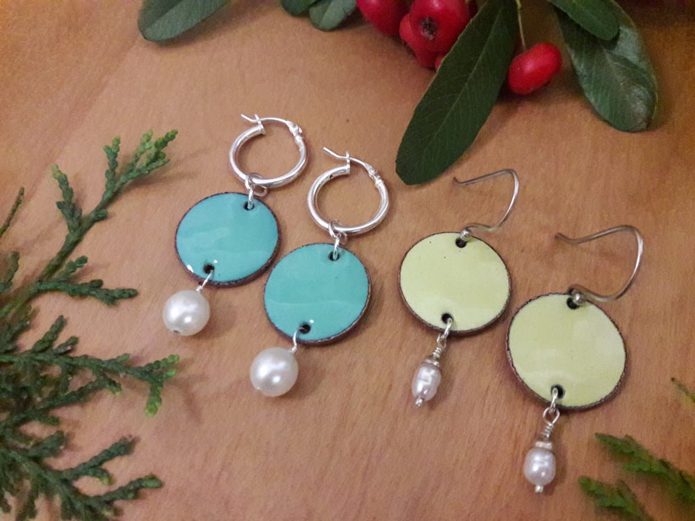 Image of Aqua & Yellow Enameled Penny Earrings 4WG 4WN