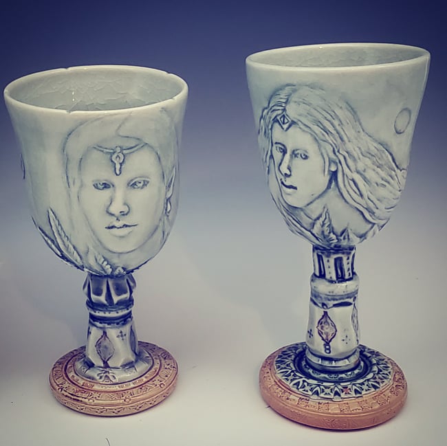 Bas Relief Enchanted Goddess Portrait Chalices