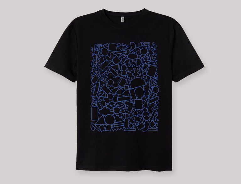 Image of BLUE PILE OF SHAPES BLACK BASIC TSHIRT