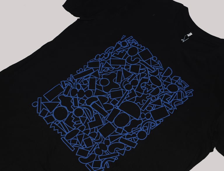 Image of BLUE PILE OF SHAPES BLACK BASIC TSHIRT