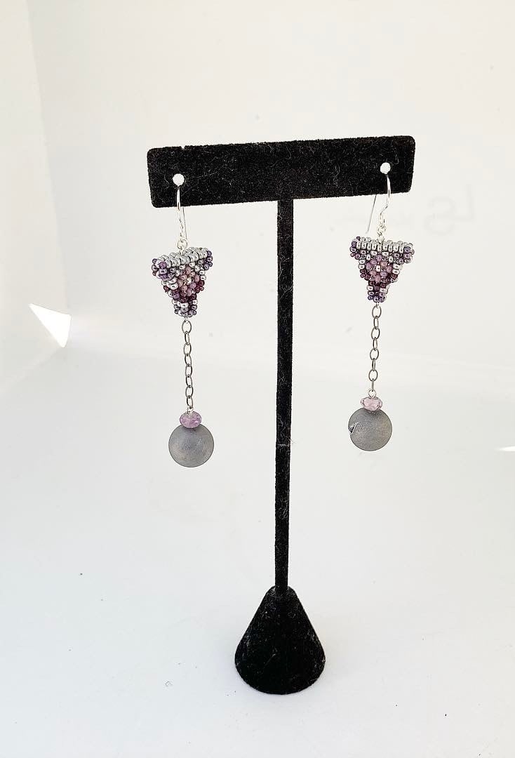 Image of Beaded purple tone charm earring w/ Druzy agate and Amethyst 