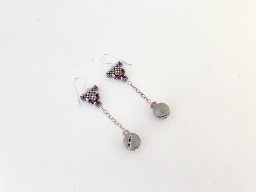 Image of Beaded purple tone charm earring w/ Druzy agate and Amethyst 