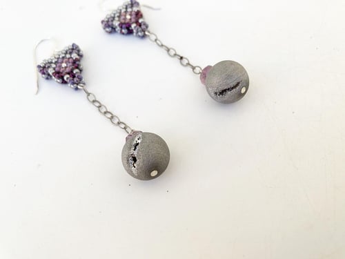 Image of Beaded purple tone charm earring w/ Druzy agate and Amethyst 