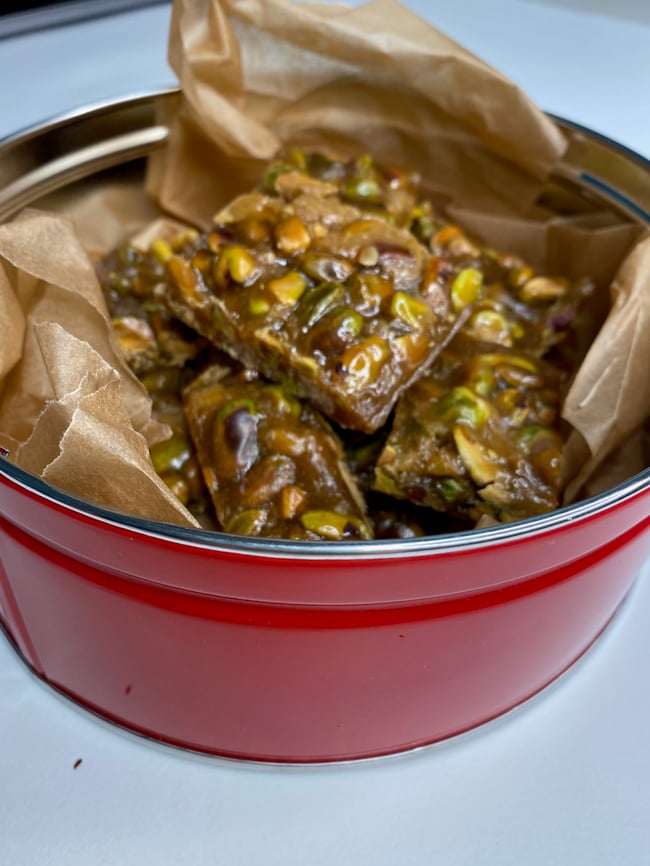 Pistachio Brittle in a tin 