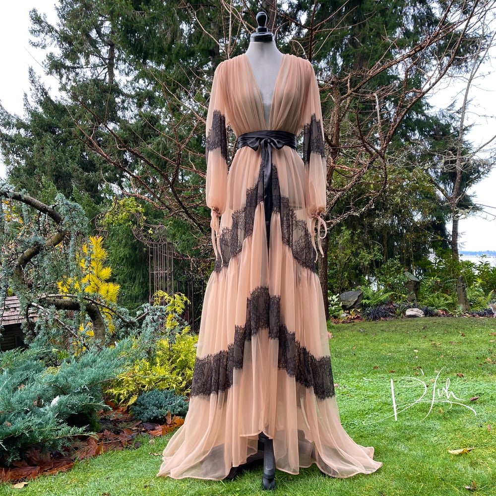 Image of Black & Light Mocha "Elisabeth" Sheer Dressing Gown w/ Lace