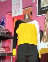 Image 1 of MUSTARD MIX COLOR BLOCK SWEATER 