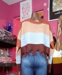 Image 2 of TAN/BLUE/BROWN  MIX STRIPED DISTRESSED SWEATER 