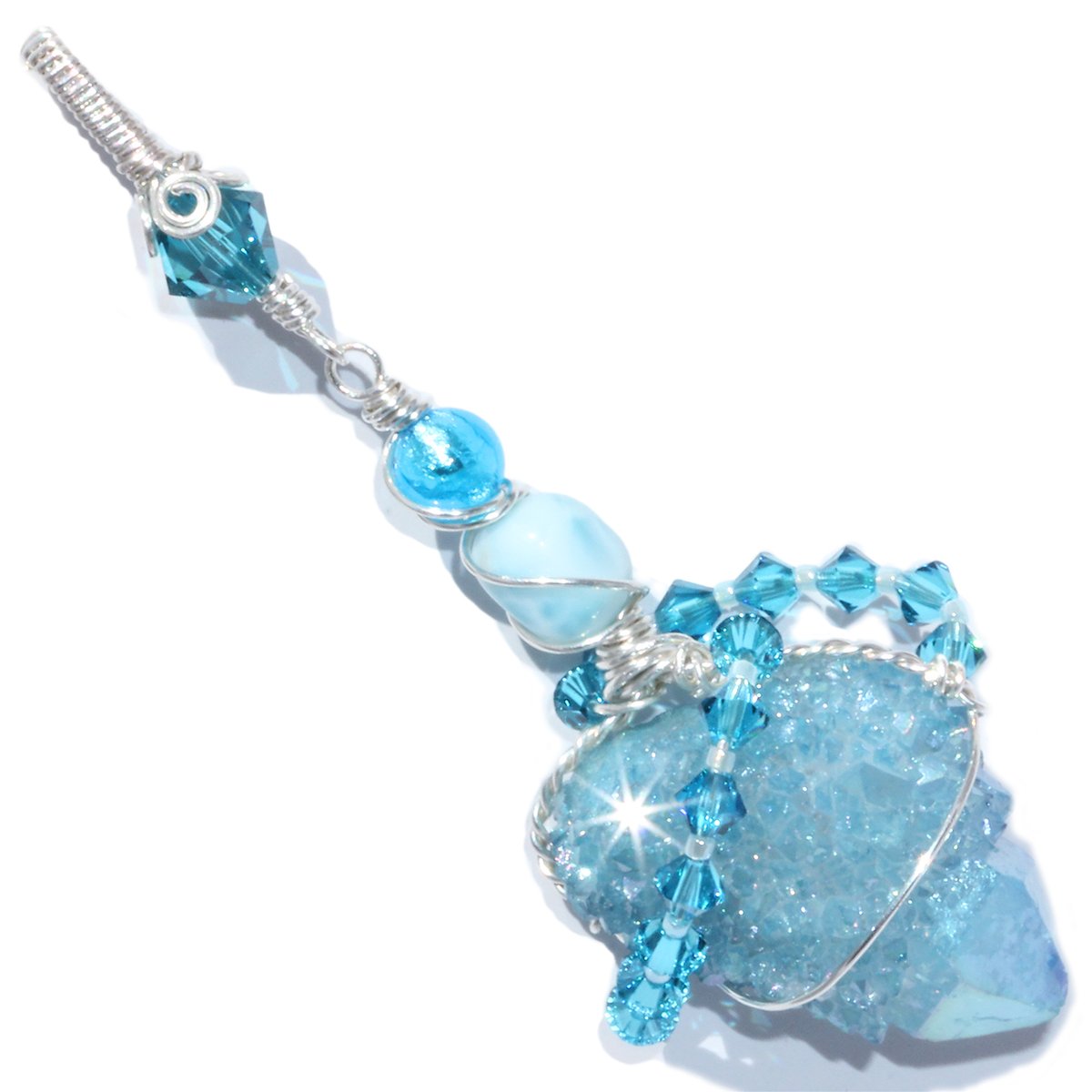 Aqua Aura Spirit Quartz Crystal Handmade Pendant with Larimar
