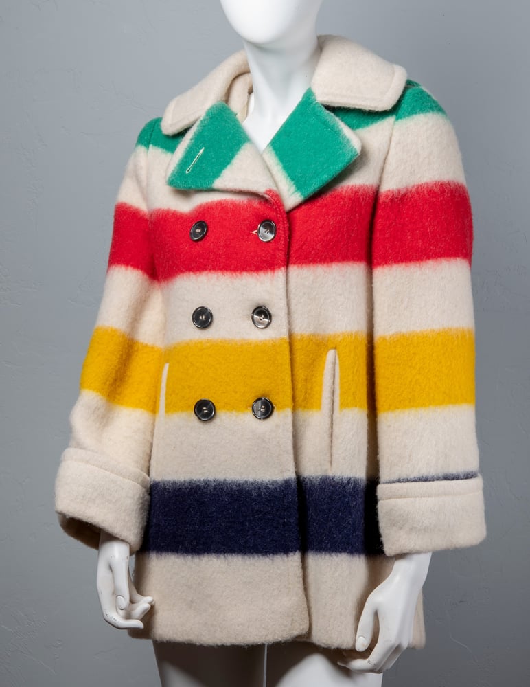 Image of Womens Vintage Hudson's Bay Wool Point Blanket Jacket with bold color stripes  size Medium 38 w hood