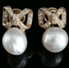 SUBSTANTIAL1970s 18CT YG 11.5MM BAROQUE CULTURED PEARL DIAMOND BOW CLIP EARRINGS