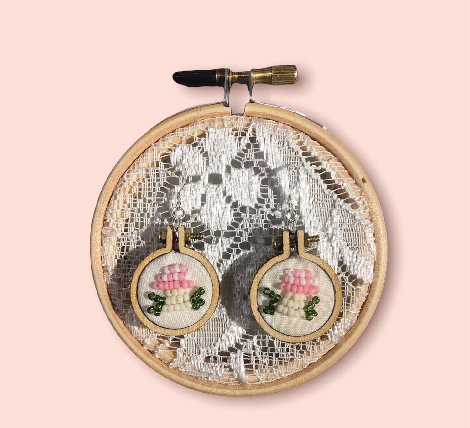 Image of Pink Mushroom Embroidery Hoop Earrings