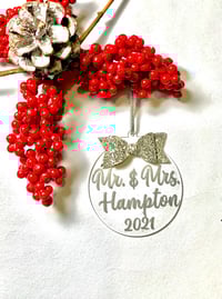 Image 4 of Glitter Bow Christmas Bauble with matching Glitter Font and Ribbon/Trim