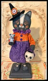 Halloween Witch Cat Folk Art Doll Fabric hand painted