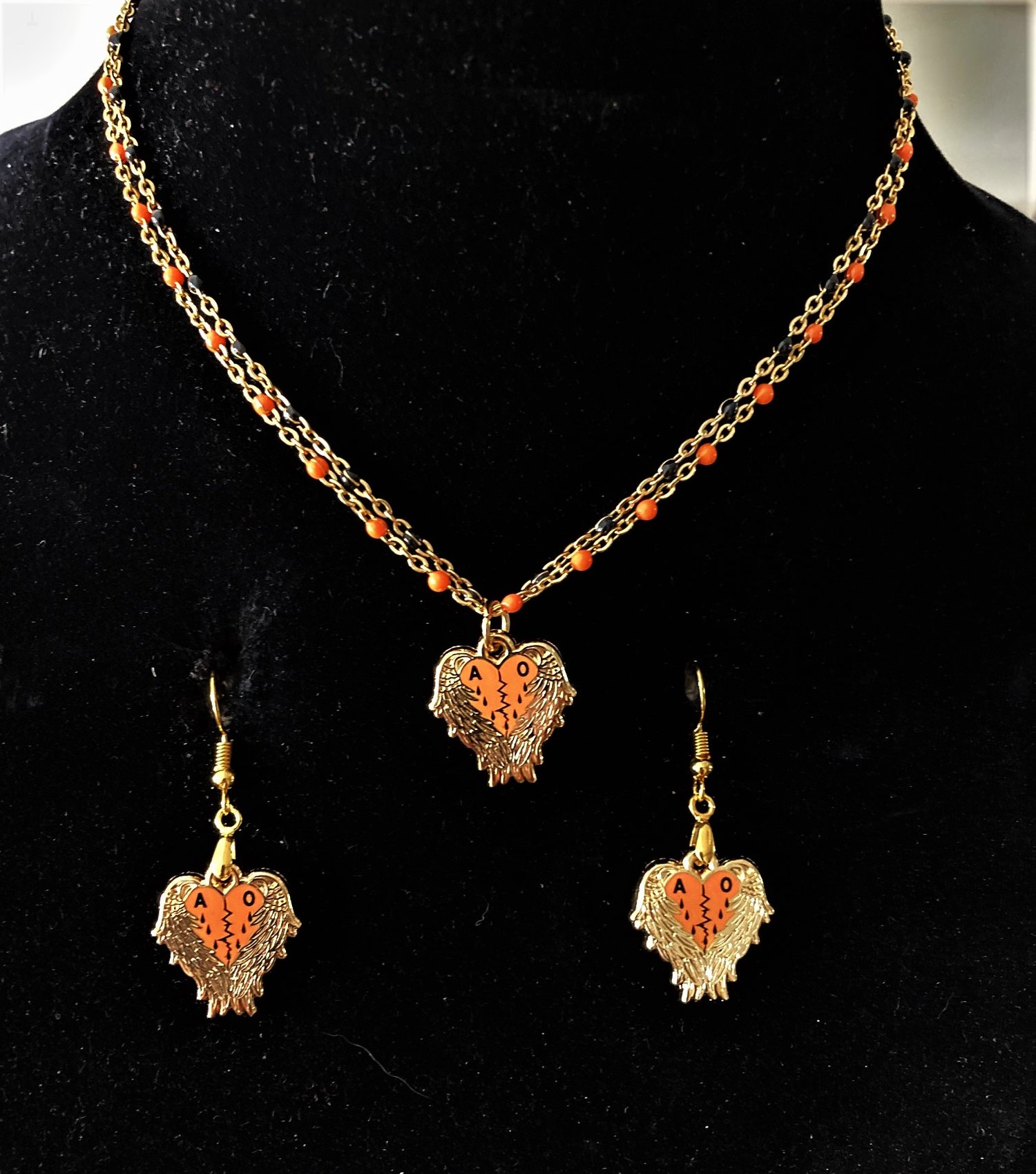 Image of Agent Orange Angel Heart Necklace and Earrings combo