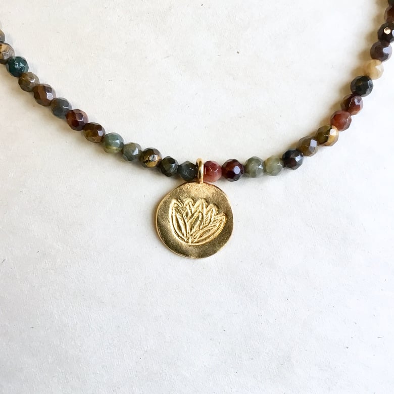 Image of Blue Tiger Eye necklace with lotus pendant
