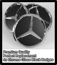 Image 1 of Mercedes Alloy Wheel Centre Caps 75mm Badge Hub Emblem Chrome Gloss Black x4