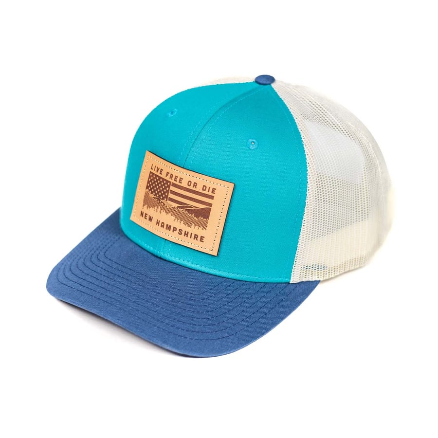 Image of NH Flag & Mountain Cap- Teal/Navy Bill/Tan Mesh