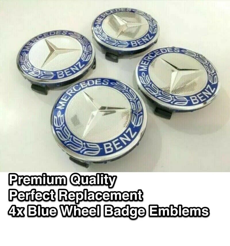 New Mercedes Benz Alloy Wheel Centre Caps 75mm Badges Blue Hub Emblem A C E G S 