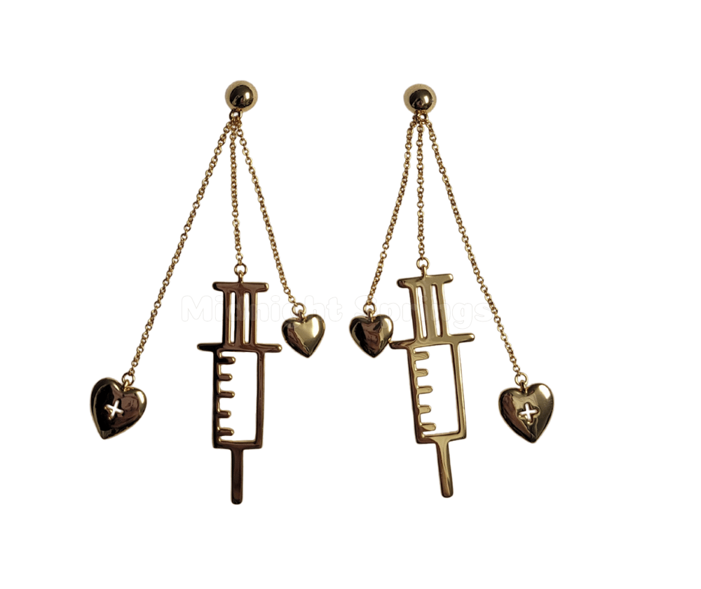 Image of 18K Gold or Rhodium Syringe Dangle Earrings - Stud or Clip-On