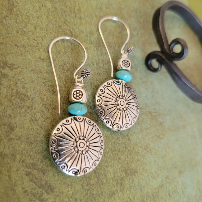 Silver Sunburst Concho + Turquoise Southwestern Earrings