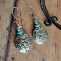 Image 5 of Silver Sunburst Concho + Turquoise Southwestern Earrings