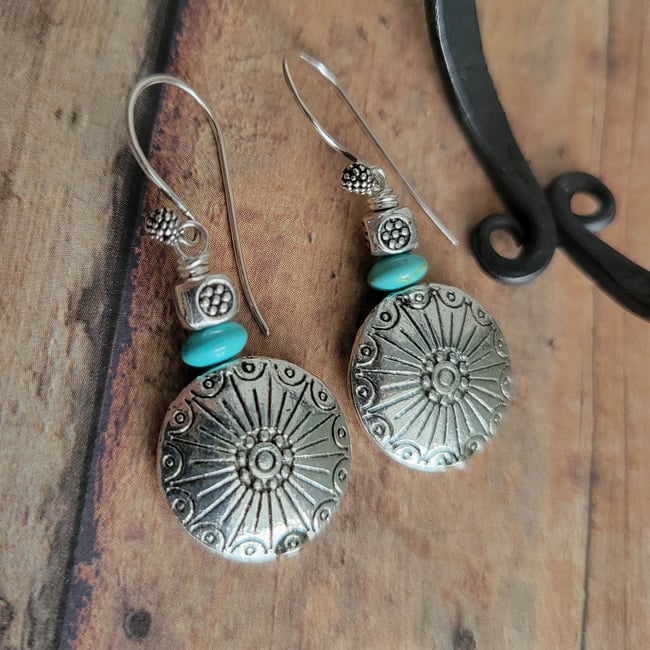 Silver Sunburst Concho + Turquoise Southwestern Earrings | Fresh Designs